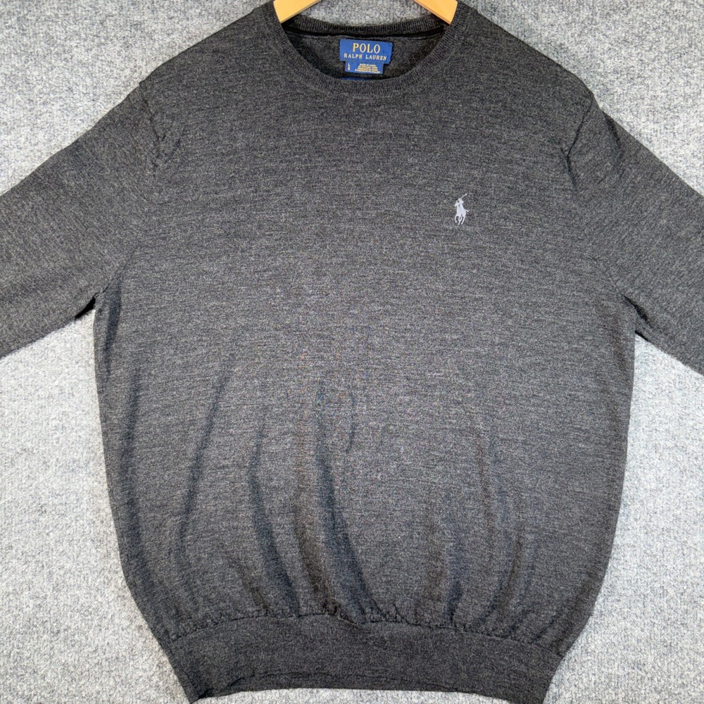 Polo Ralph Lauren Merino Wool Sweater Mens Large Gray Crewneck Pony Logo - Picture 1 of 9